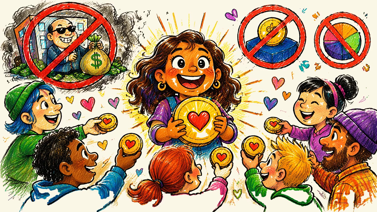 The corporate gatekeeper — sunglasses, briefcase of money — crossed out by a big red prohibition slash, surrounded by people happily holding heart-coins instead