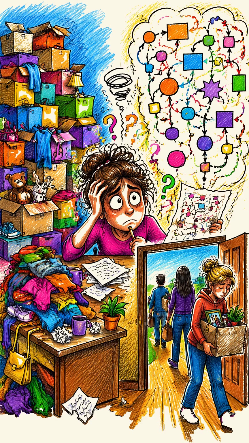 A frustrated woman surrounded by piles of unsold inventory — boxes, products, the closet-clutter that comes with traditional MLM